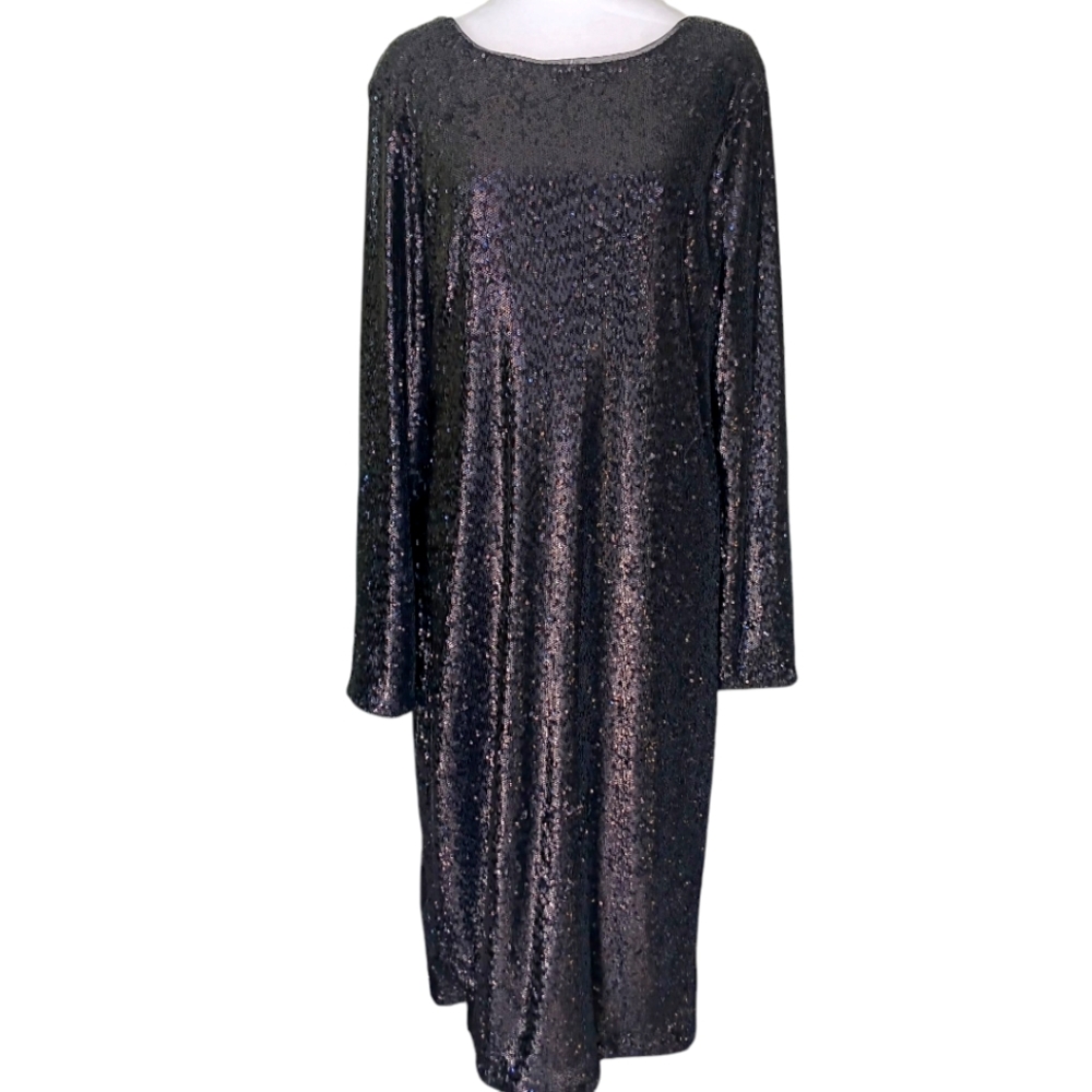 White House Black Market Dress Size 16 Maxi Black Sequin Long Sleeve V-Back Gown